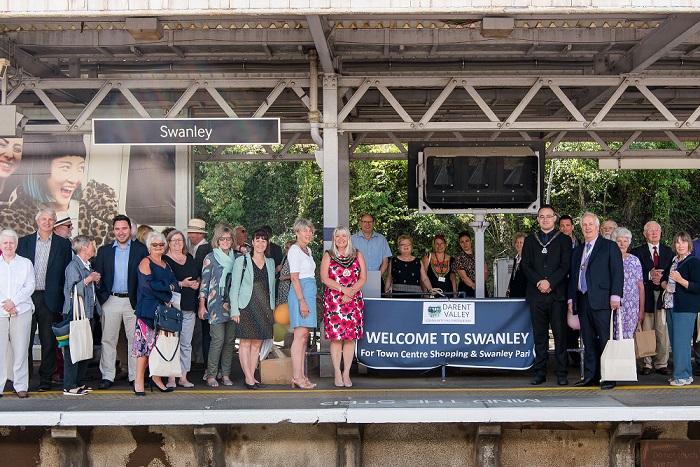 people gathered on Swanley Station platform at launch of Darent Valley CRP