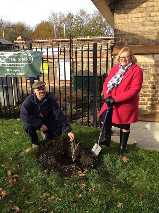 Town Clerk planting a rose bush outside the station